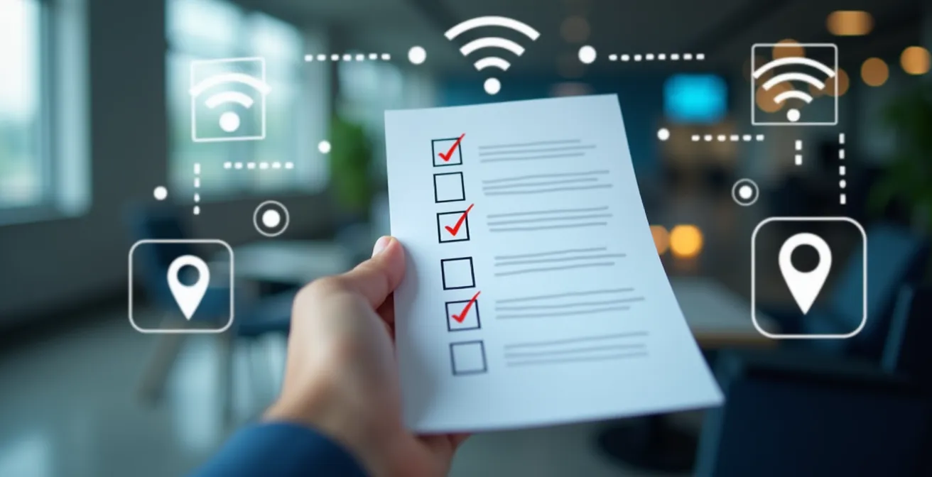 Conceptual image of a checklist and connectivity icons symbolizing preparation and internet vetting