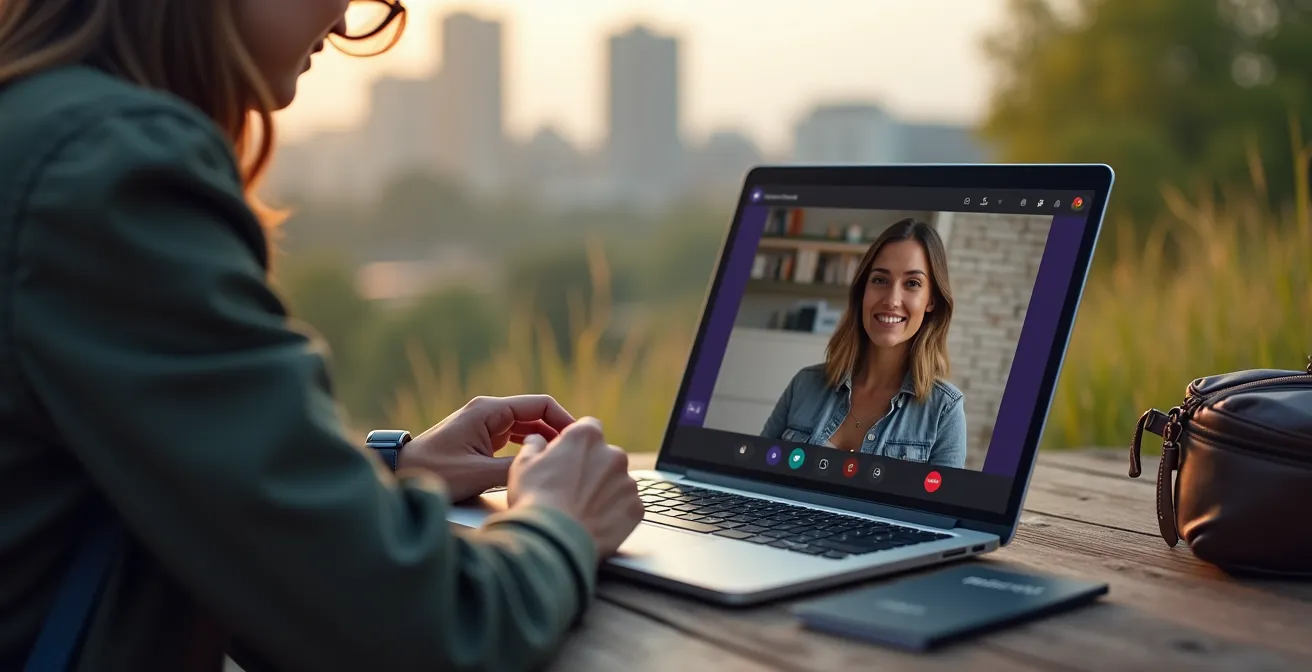 A digital nomad working remotely on a laptop with Microsoft Teams call, surrounded by travel indicative elements