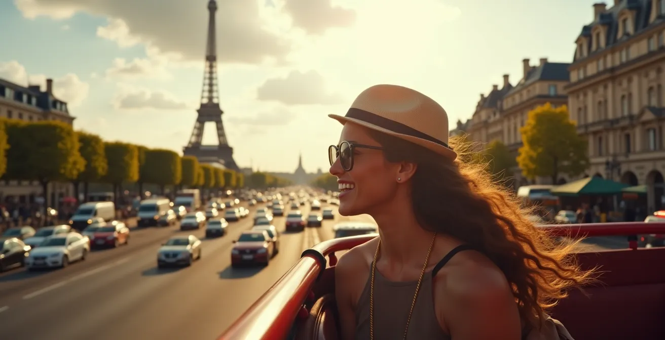 Open-top bus in Paris with a traveler leaning out and city landmarks in background