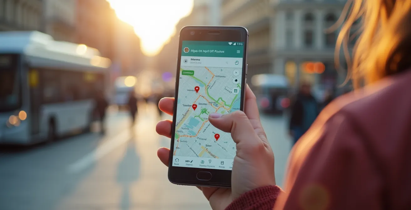 Close-up editorial photo of a hand using a mobile app with Paris bus route visible