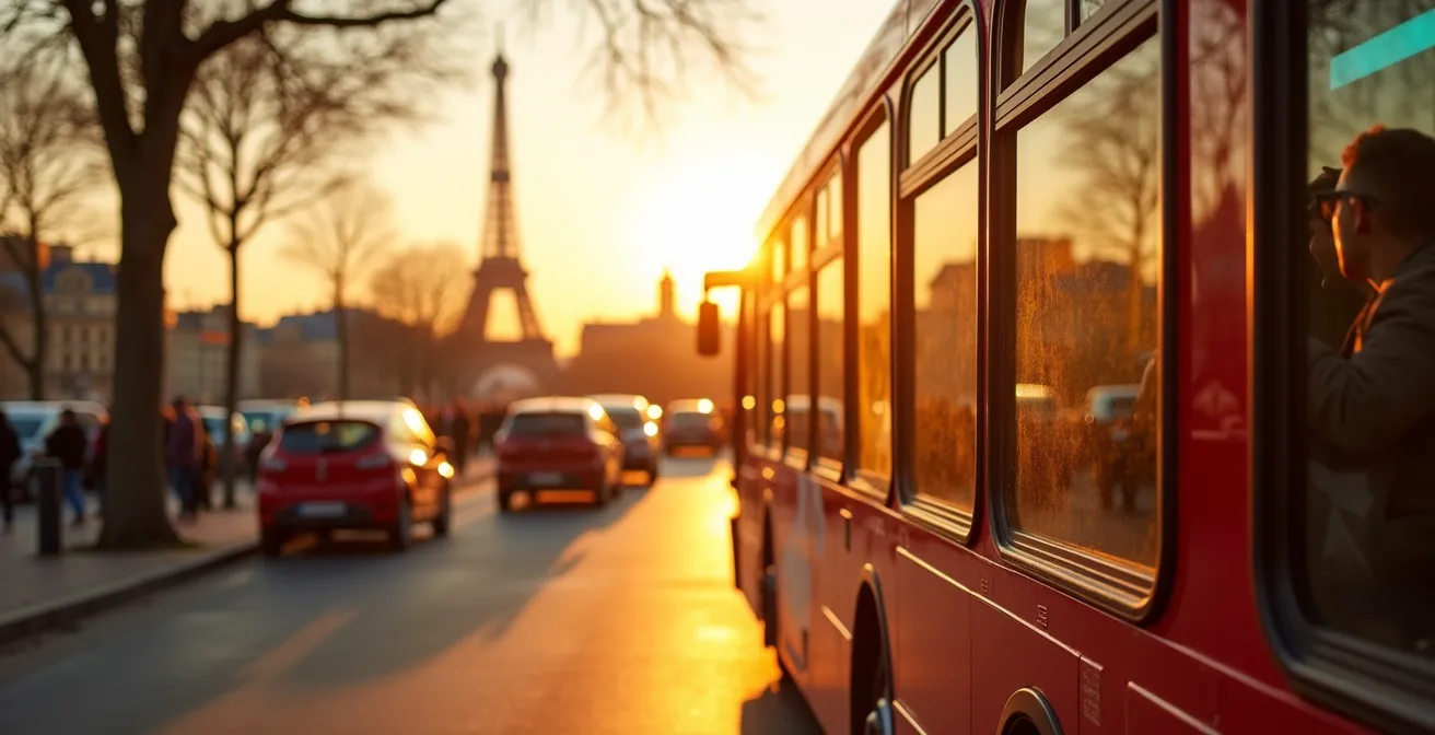 Open-top bus passing Paris landmarks in warm late afternoon light