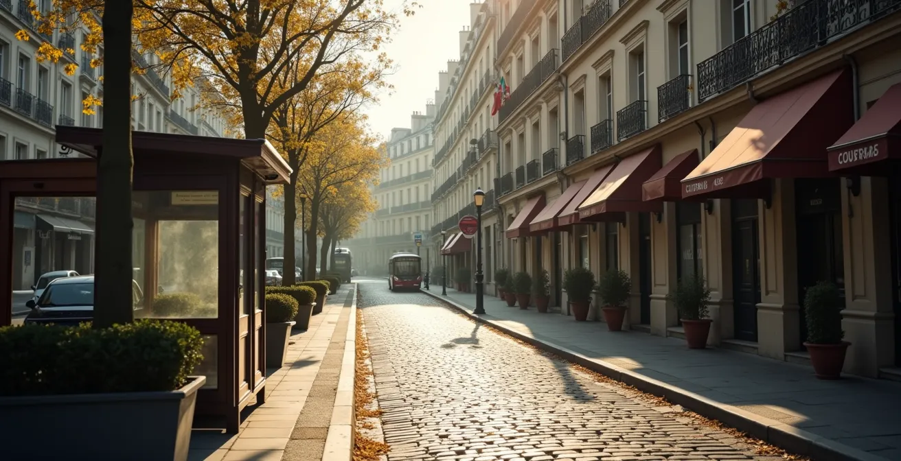 Photograph of a peaceful Parisian neighborhood street visible from a bus stop