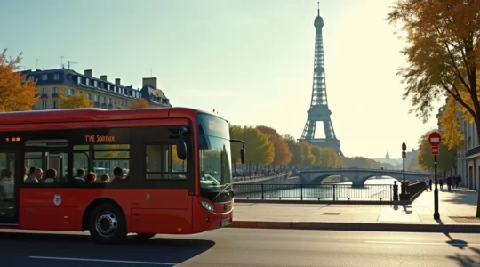 Editorial photo of an open-top bus overlooking iconic Paris landmarks with balanced composition and negative space