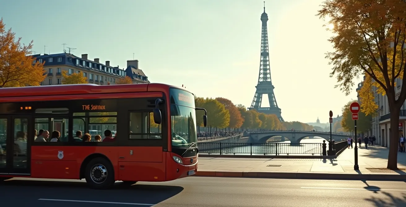 Editorial photo of an open-top bus overlooking iconic Paris landmarks with balanced composition and negative space
