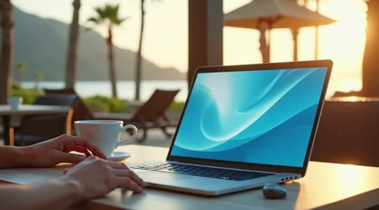 Professional working remotely on laptop during holiday with scenic background