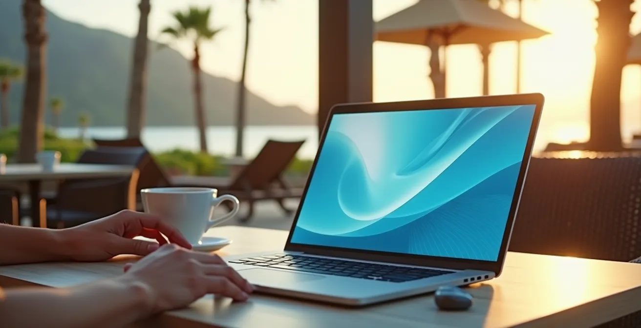 Professional working remotely on laptop during holiday with scenic background