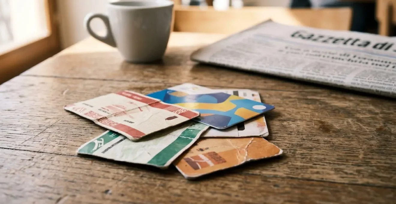 Extreme close-up of overlapping paper tickets and transport passes arranged on a rustic wooden cafe table with a soft-focus espresso cup in the blurred background