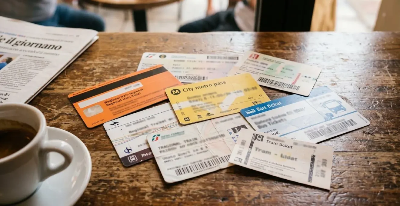Extreme close-up of overlapping paper tickets and transport passes arranged on a rustic wooden cafe table with a soft-focus espresso cup in the blurred background