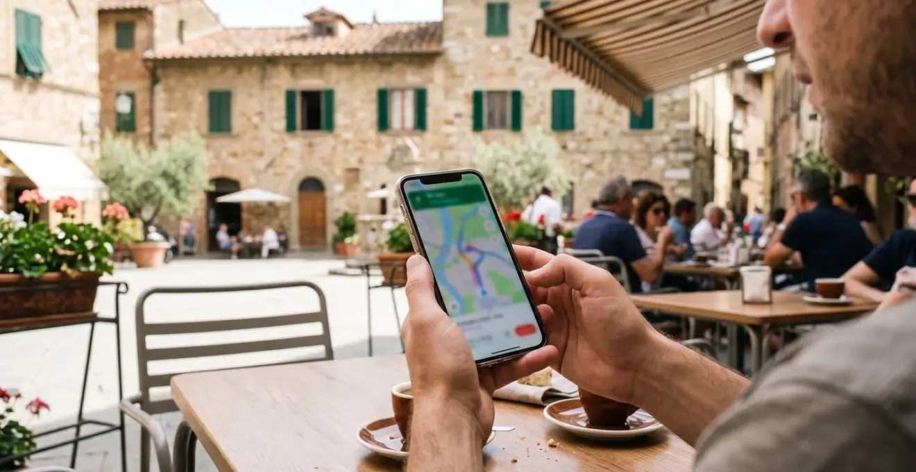 Close-up of hands holding a smartphone displaying a map and travel app at an outdoor European cafe table with a blurred Italian cityscape in the background