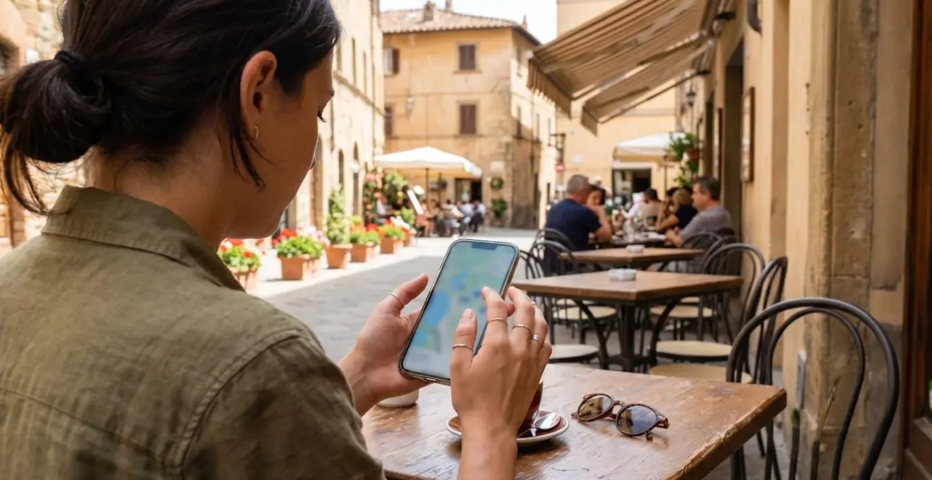Close-up of hands holding a smartphone displaying a map and travel app at an outdoor European cafe table with a blurred Italian cityscape in the background