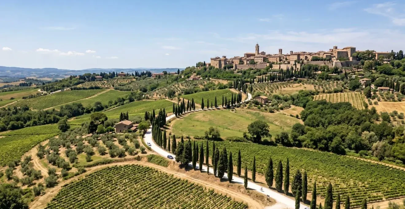 Aerial view of a medieval Tuscan hilltop town surrounded by cypress trees and rolling vineyards under bright Mediterranean sunlight