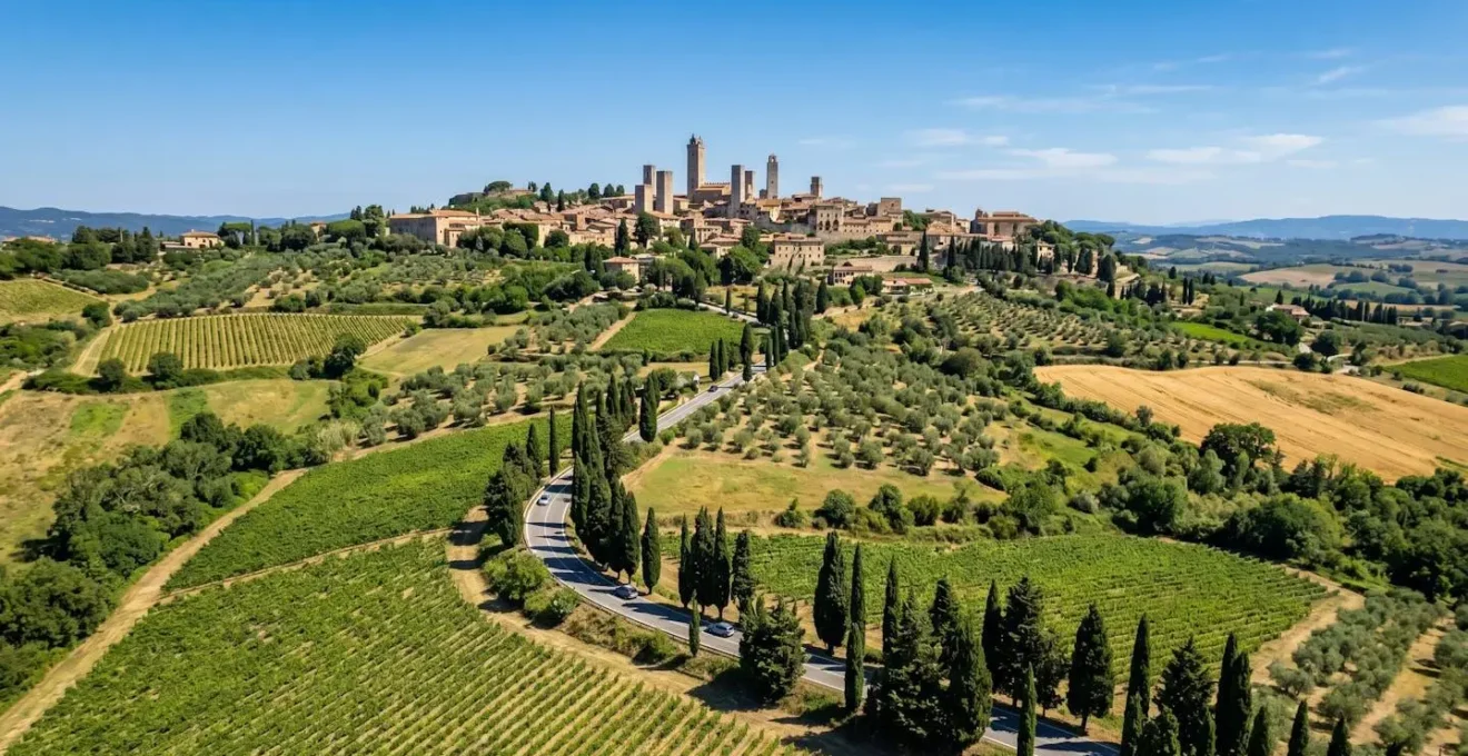 Aerial view of a medieval Tuscan hilltop town surrounded by cypress trees and rolling vineyards under bright Mediterranean sunlight