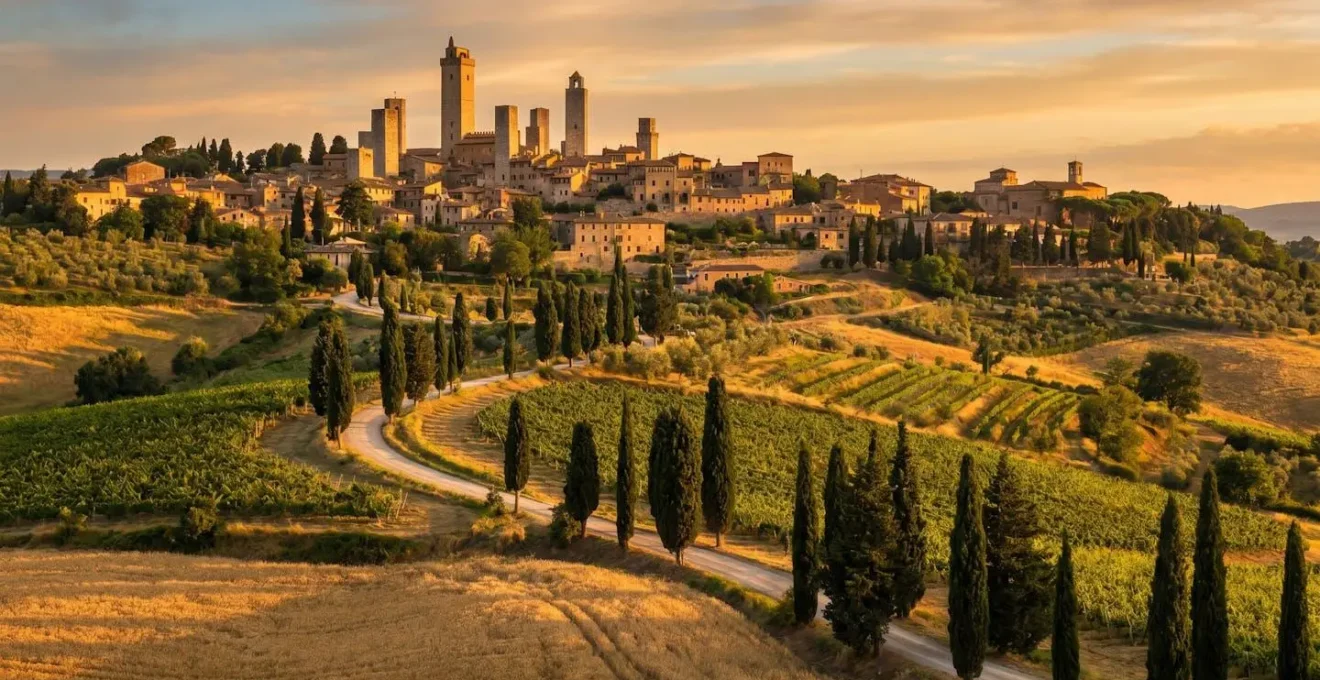 Panoramic view of San Gimignano's medieval towers rising from rolling Tuscan hills with cypress-lined roads winding through vineyard landscapes in golden afternoon light