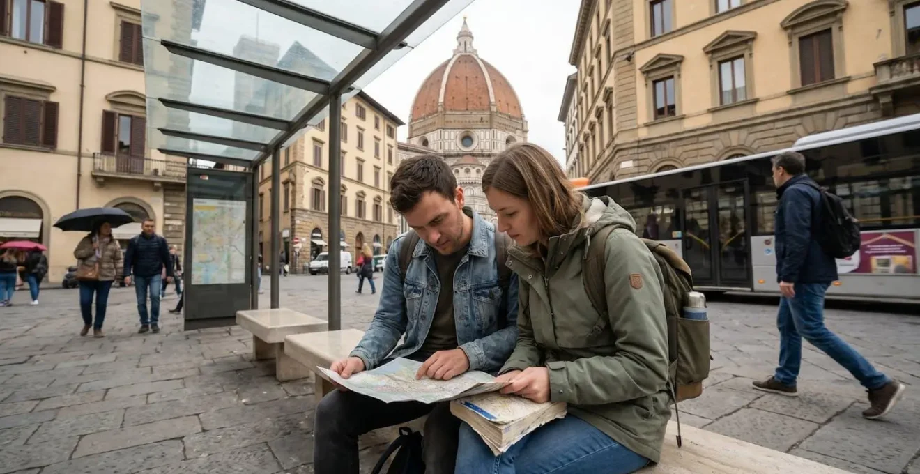 Two travelers consulting a map and guidebook at a Florence bus stop with Renaissance architecture in the background