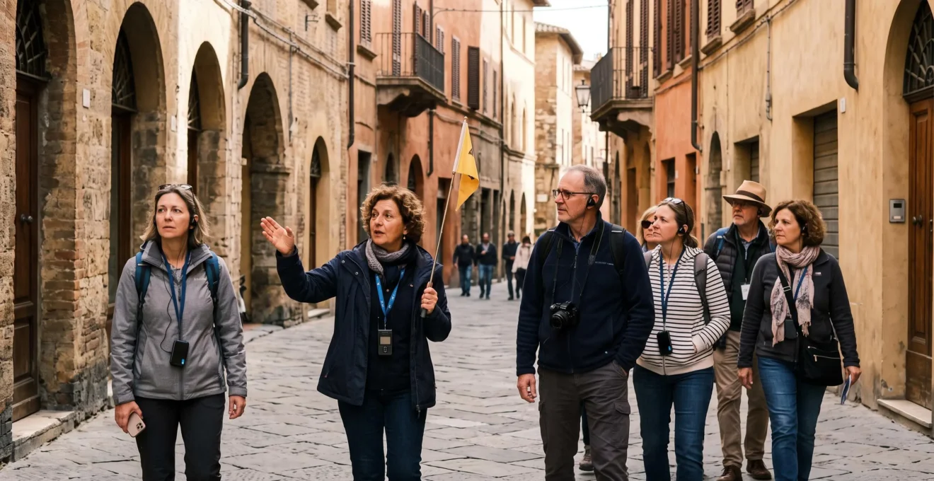 A guide leading a small group of tourists on a walking tour through a historic Tuscan street, some wearing audio-guide earphones.
