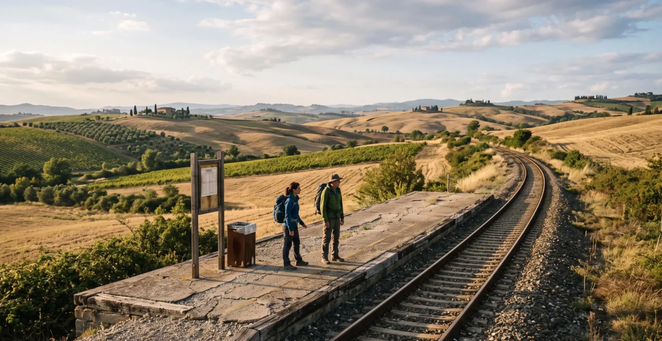 A small rural railway halt in the Tuscan countryside with a few waiting travelers and sparse infrastructure.