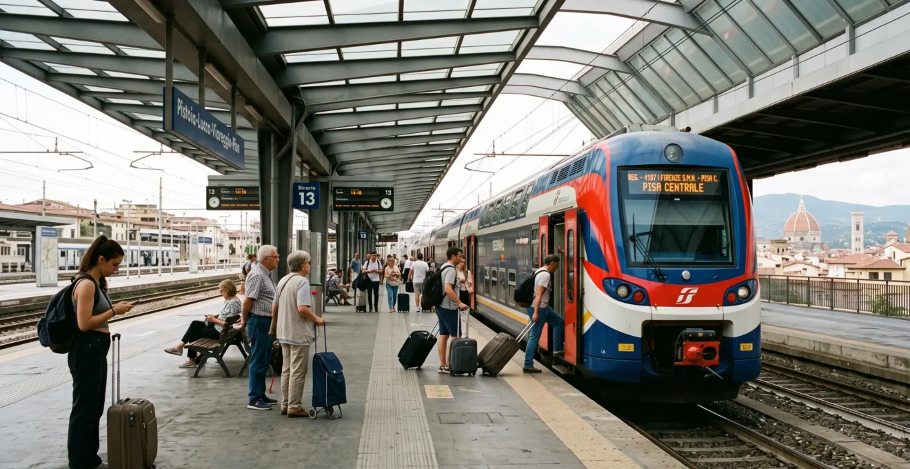 Travelers with luggage boarding a regional train at Florence Santa Maria Novella station, illustrating a car-free trip in Tuscany.