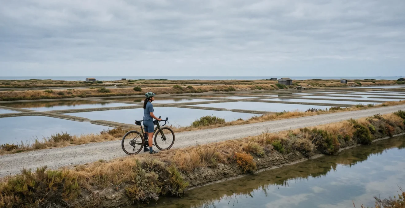 A cyclist pauses beside a bicycle on a cycle path crossing open salt marshes.