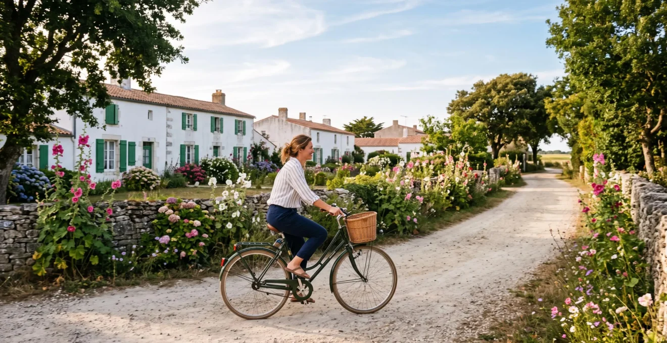A cyclist rides a bicycle down a quiet village lane lined with flowers on Île de Ré.