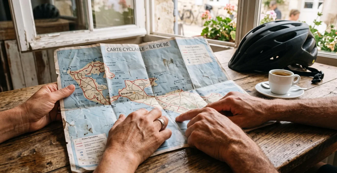 Hands examine a folded cycling map on a wooden café table beside a helmet.