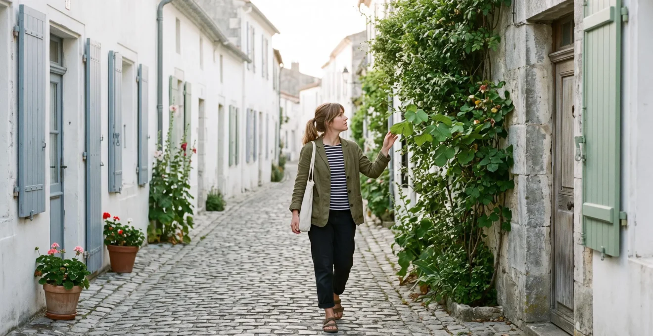 A visitor walks along a quiet cobblestone street between whitewashed houses with pastel shutters.
